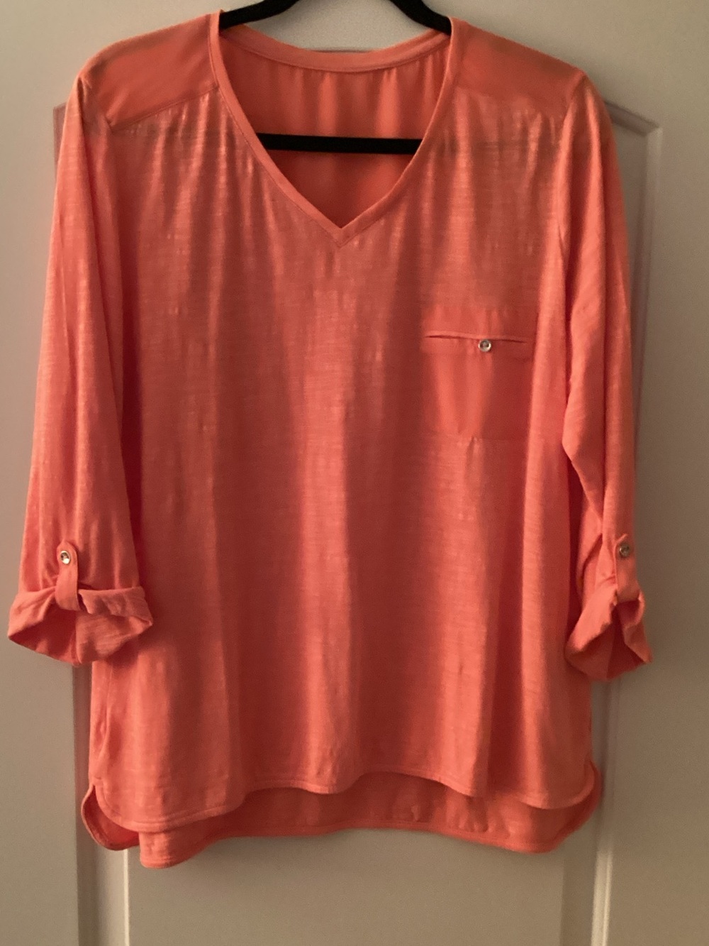 Chico's Coral V-Neck Roll-Tab Sleeve Tunic
